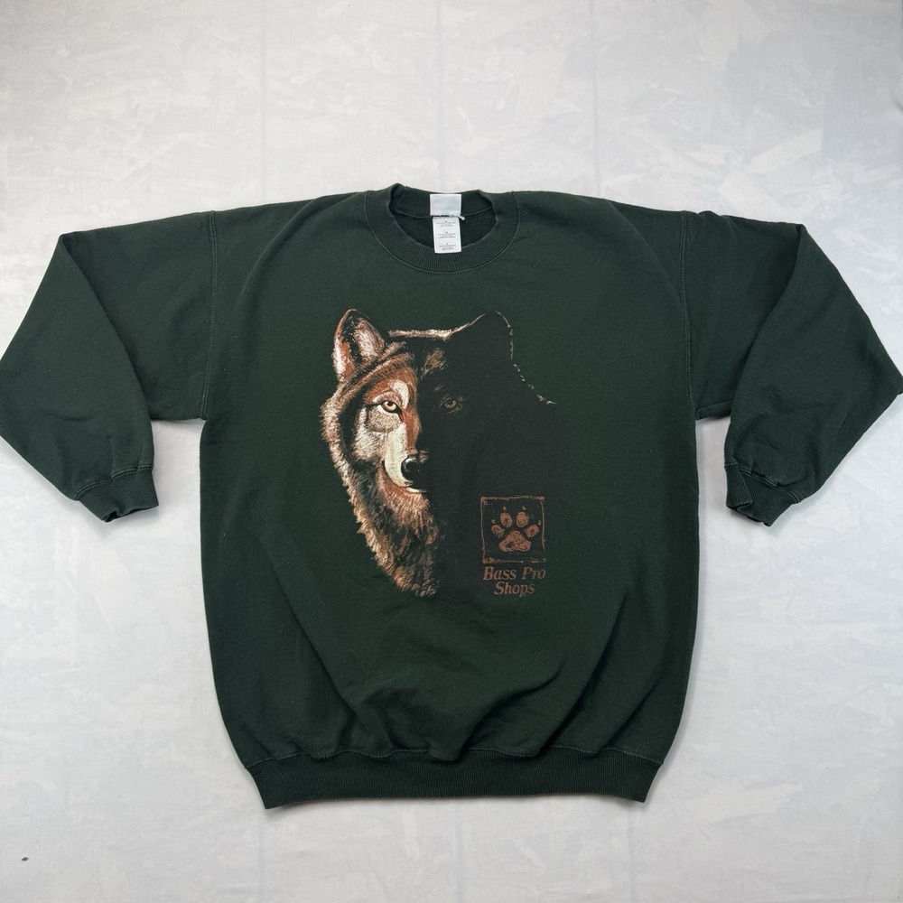 Bass Pro Shops Wolf Graphic Sweatshirt Green Outdoor Crewneck Large